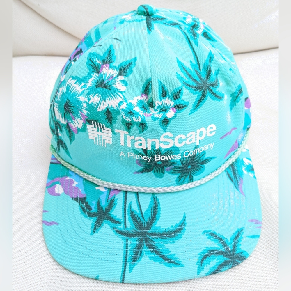 VTG Retro Tropical Floral Print Baseball Hat‎ Cap -Teal/ Purple Snapback